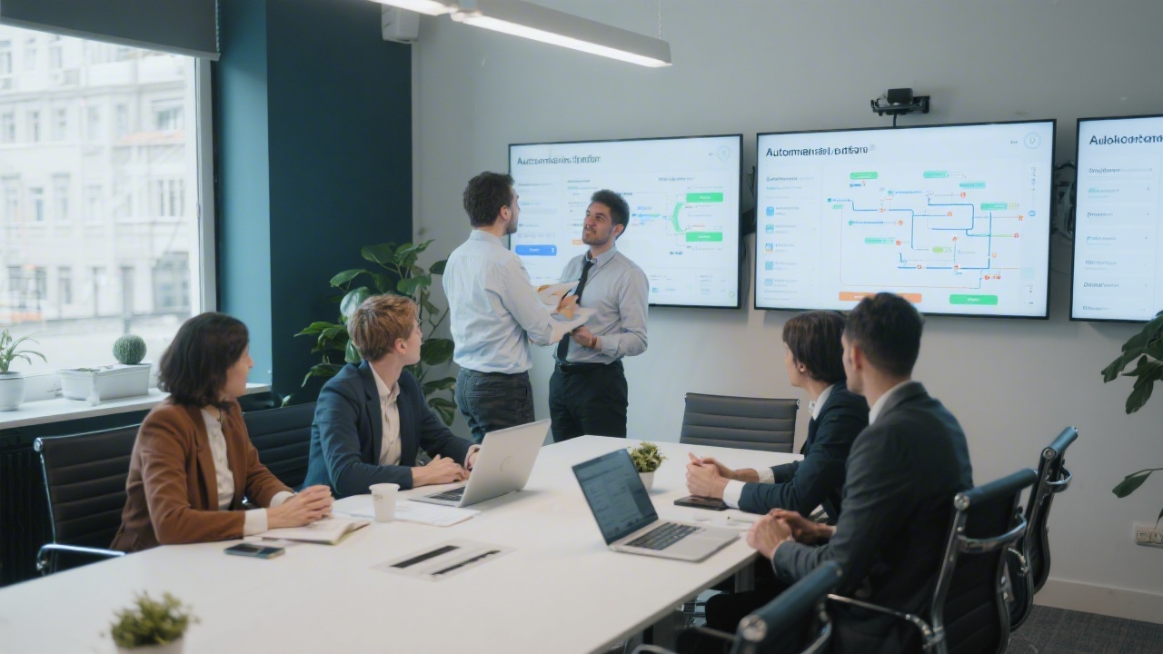 Professional meeting room with marketing strategists reviewing automation roadmaps on digital wall displays for a Paris-based startup expansion project