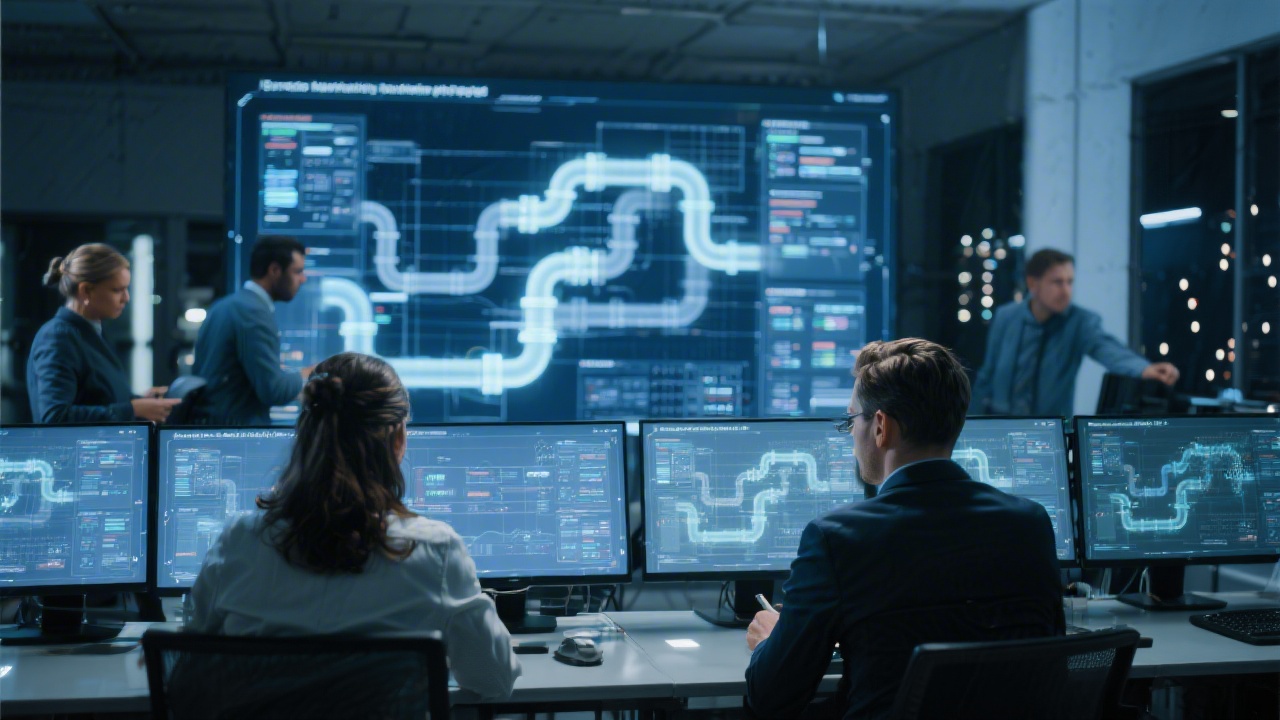 Control room with experts overseeing secure data pipelines on translucent interfaces ensuring compliance and governance for European marketing automation projects