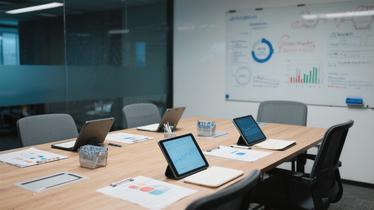 Professional consulting table with strategy whiteboards, tablets displaying automation metrics, and planners defining modular service engagements