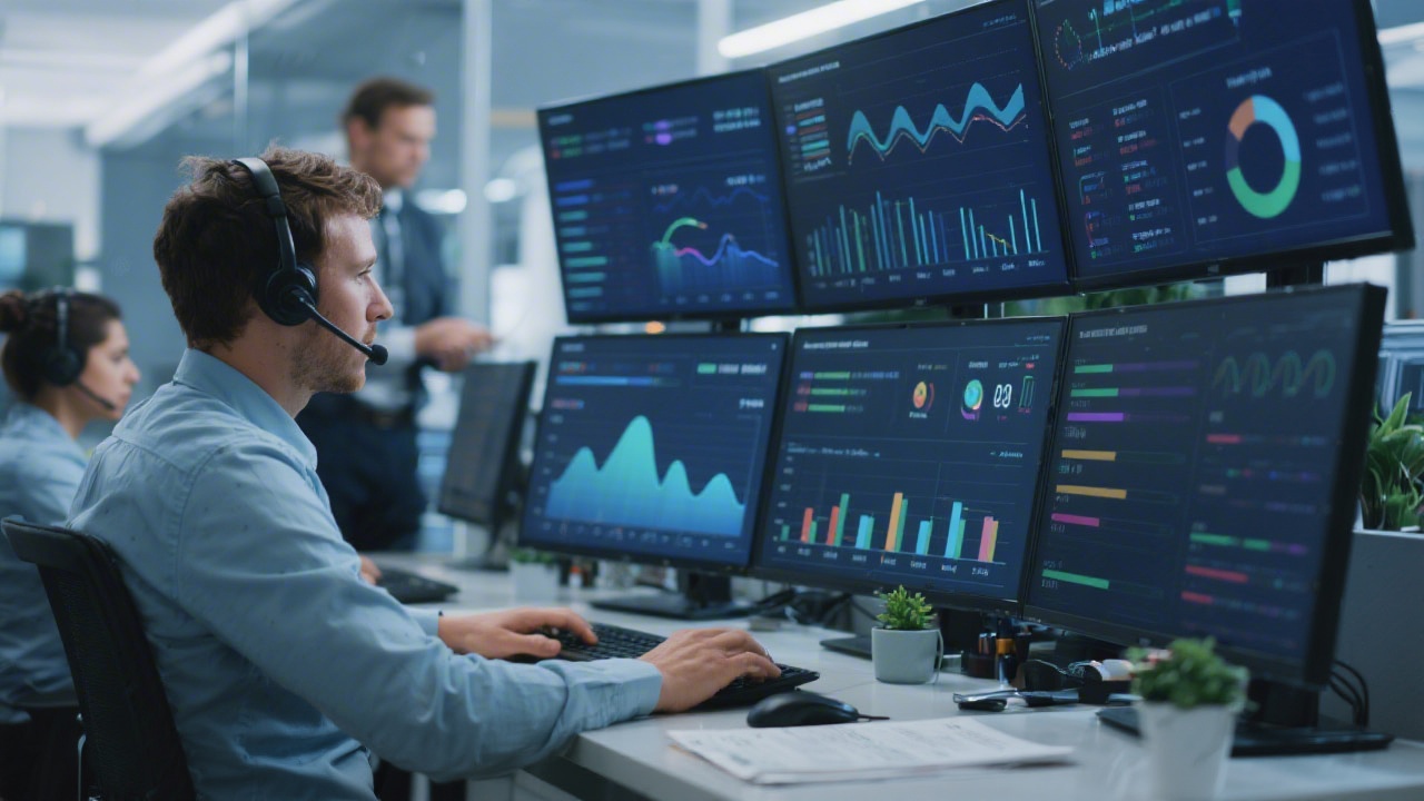 Support specialists monitoring marketing automation performance metrics on interconnected displays to deliver proactive assistance to clients